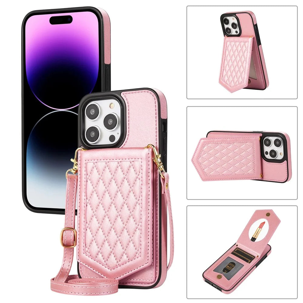 For iPhone 16 Pro Max Case RFID Blocking Hidden Mirror TPU+PU Phone Cover - Rose Gold - 1
