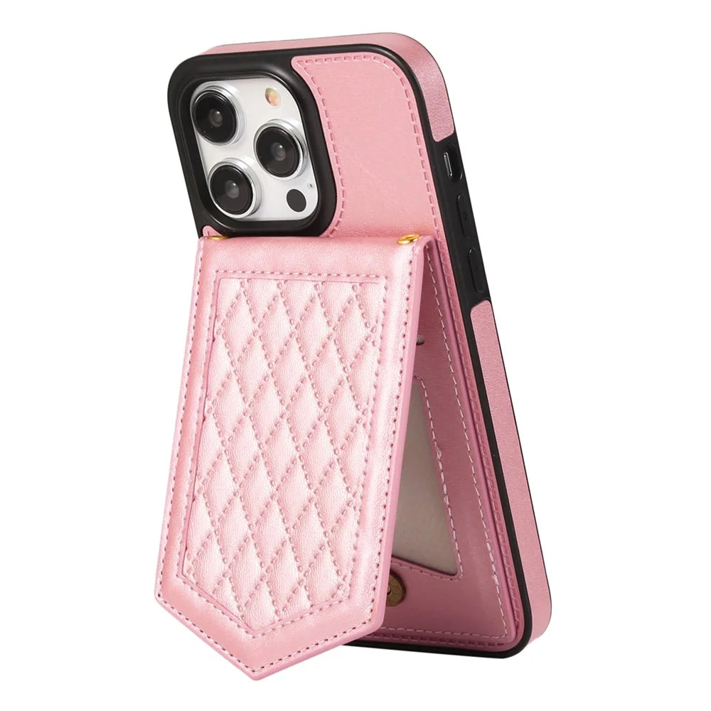 For iPhone 16 Pro Max Case RFID Blocking Hidden Mirror TPU+PU Phone Cover - Rose Gold - 2