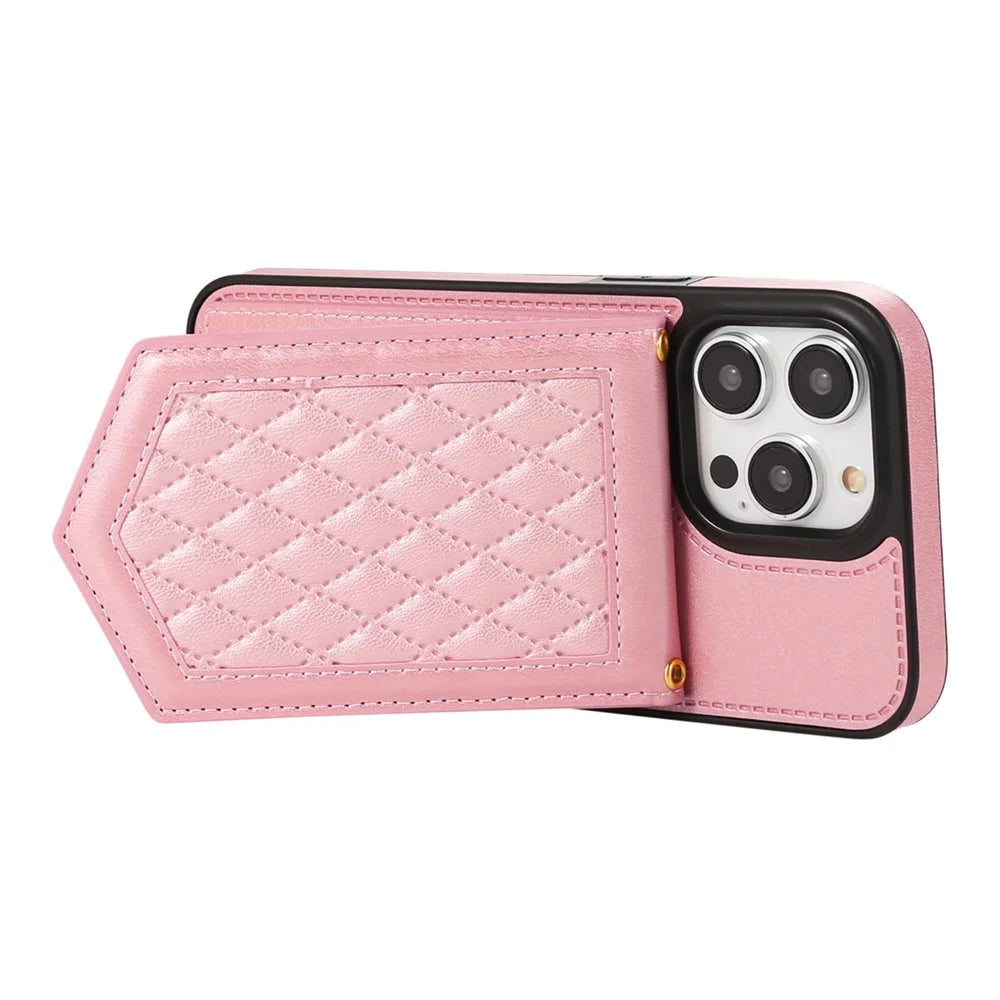 For iPhone 16 Pro Max Case RFID Blocking Hidden Mirror TPU+PU Phone Cover - Rose Gold - 3