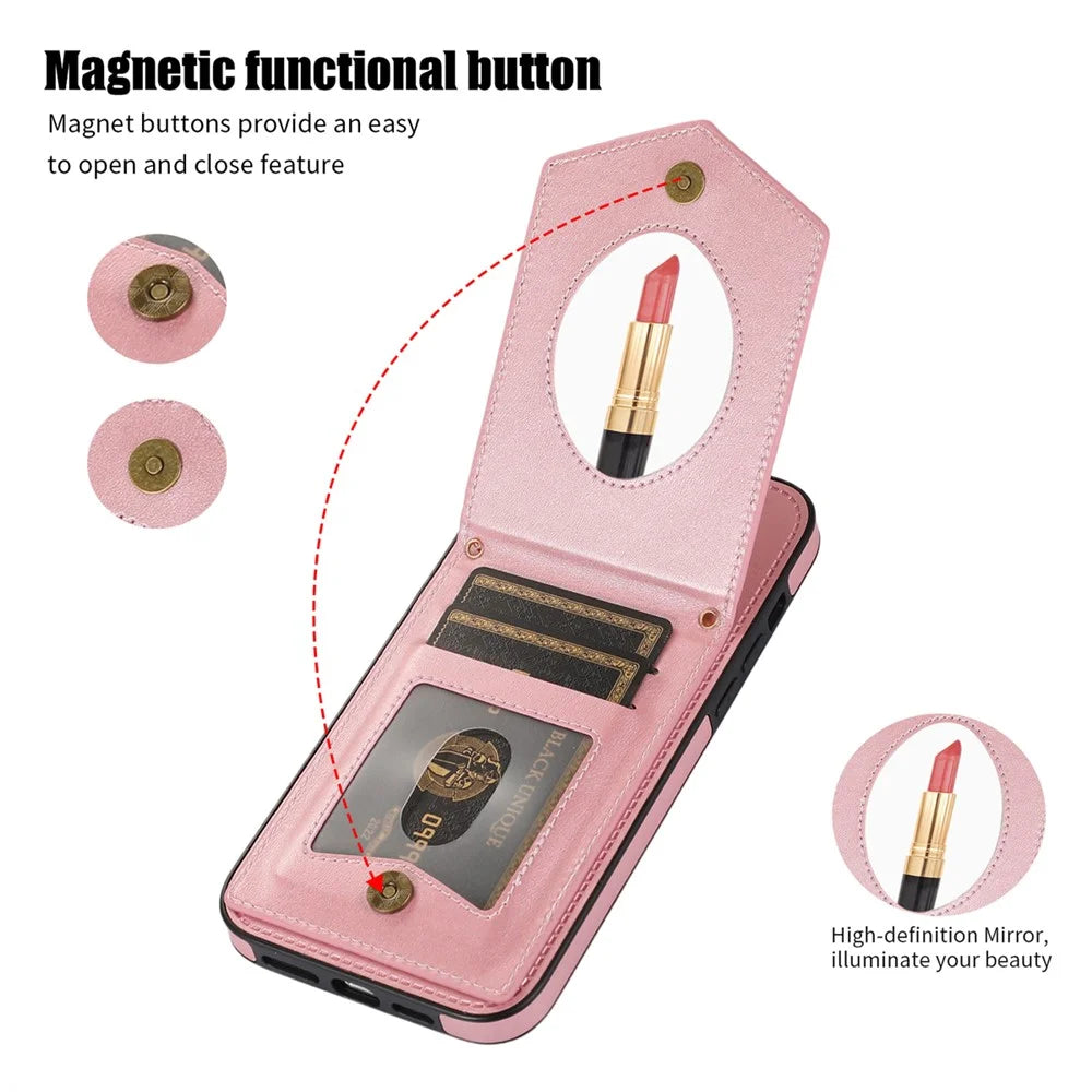 For iPhone 16 Pro Max Case RFID Blocking Hidden Mirror TPU+PU Phone Cover - Rose Gold - 5