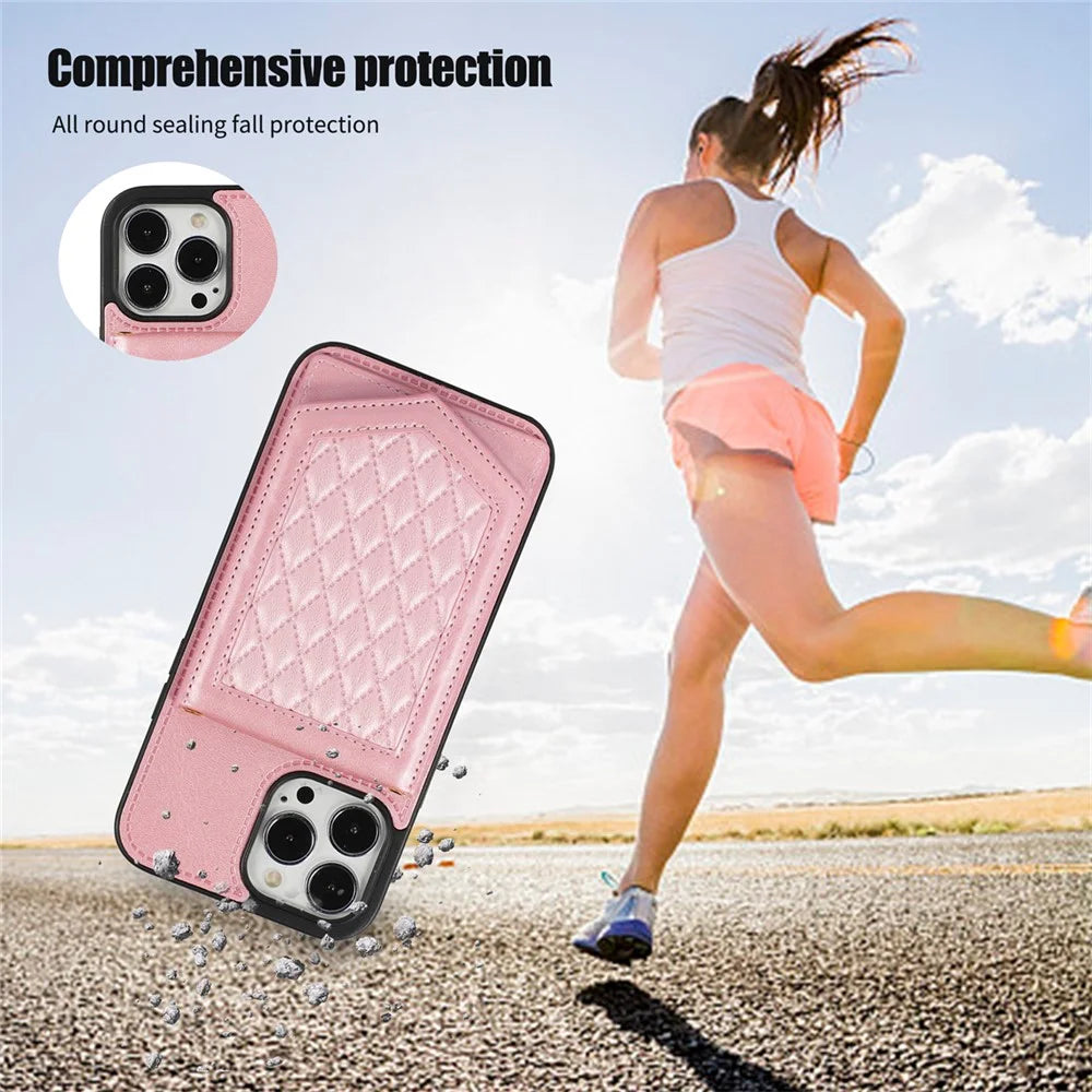 For iPhone 16 Pro Max Case RFID Blocking Hidden Mirror TPU+PU Phone Cover - Rose Gold - 6
