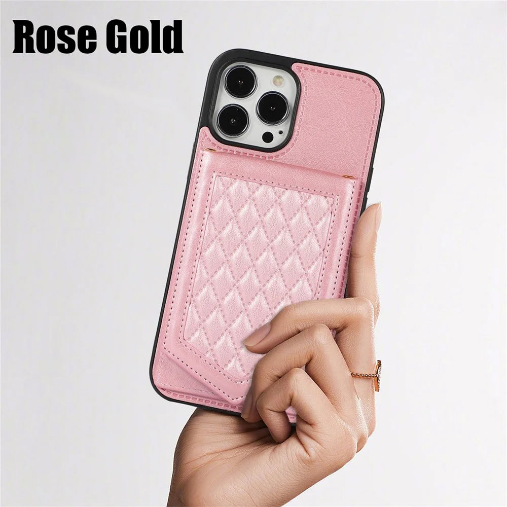 For iPhone 16 Pro Max Case RFID Blocking Hidden Mirror TPU+PU Phone Cover - Rose Gold - 7