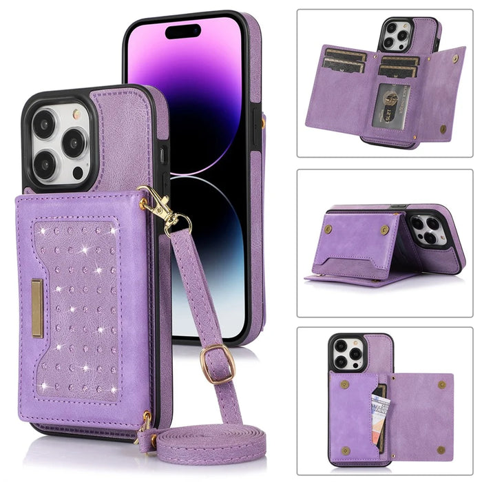 For iPhone 16 Pro Case Wallet RFID Blocking TPU Leather Phone Cover with Lanyard - Purple - 1