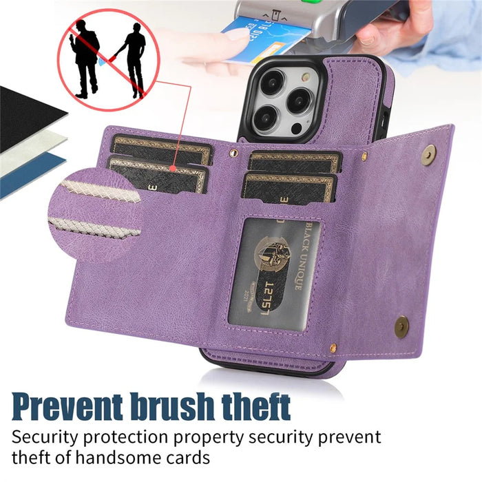 For iPhone 16 Pro Case Wallet RFID Blocking TPU Leather Phone Cover with Lanyard - Purple - 5