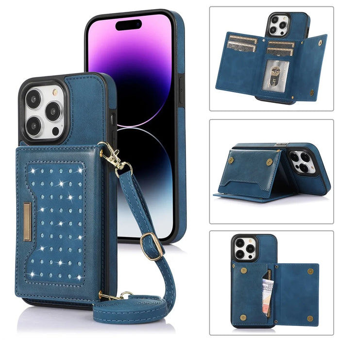 For iPhone 16 Pro Max Kickstand Case with Lanyard TPU Leather Wallet Phone Cover RFID Blocking - Blue - 1