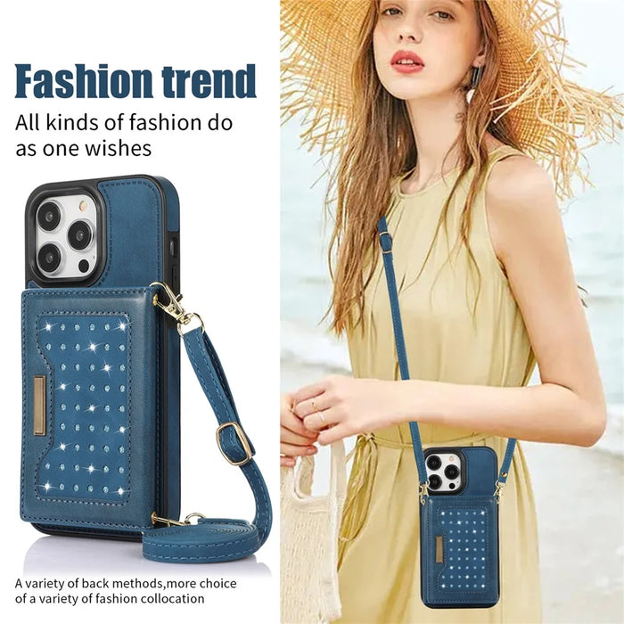 For iPhone 16 Pro Max Kickstand Case with Lanyard TPU Leather Wallet Phone Cover RFID Blocking - Blue - 6