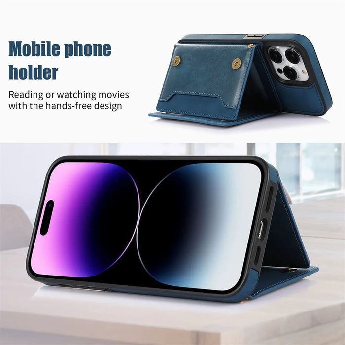 For iPhone 16 Pro Max Kickstand Case with Lanyard TPU Leather Wallet Phone Cover RFID Blocking - Blue - 7