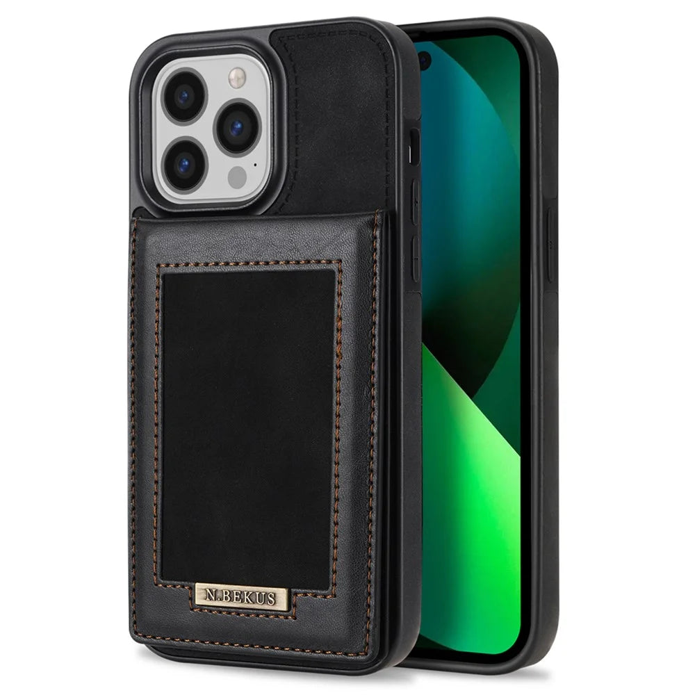 N.BEKUS For iPhone 16 Pro Kickstand Case RFID Blocking Leather+TPU Phone Cover with Card Slots - Black - 1