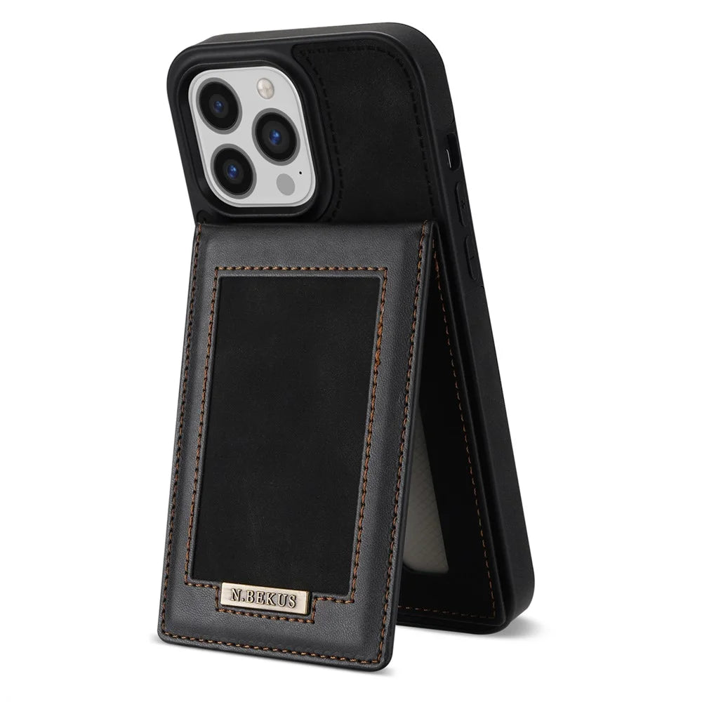 N.BEKUS For iPhone 16 Pro Kickstand Case RFID Blocking Leather+TPU Phone Cover with Card Slots - Black - 2