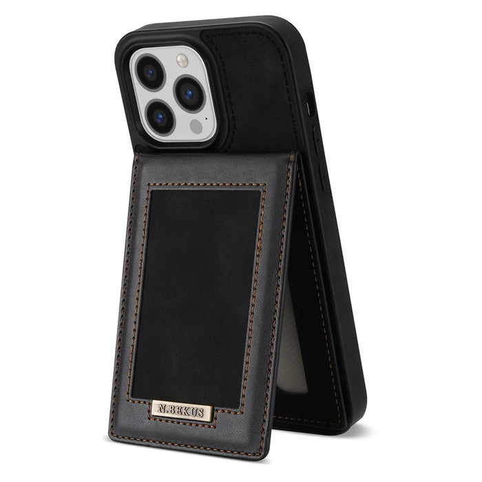 N.BEKUS For iPhone 16 Pro Kickstand Case RFID Blocking Leather+TPU Phone Cover with Card Slots - Black - 2