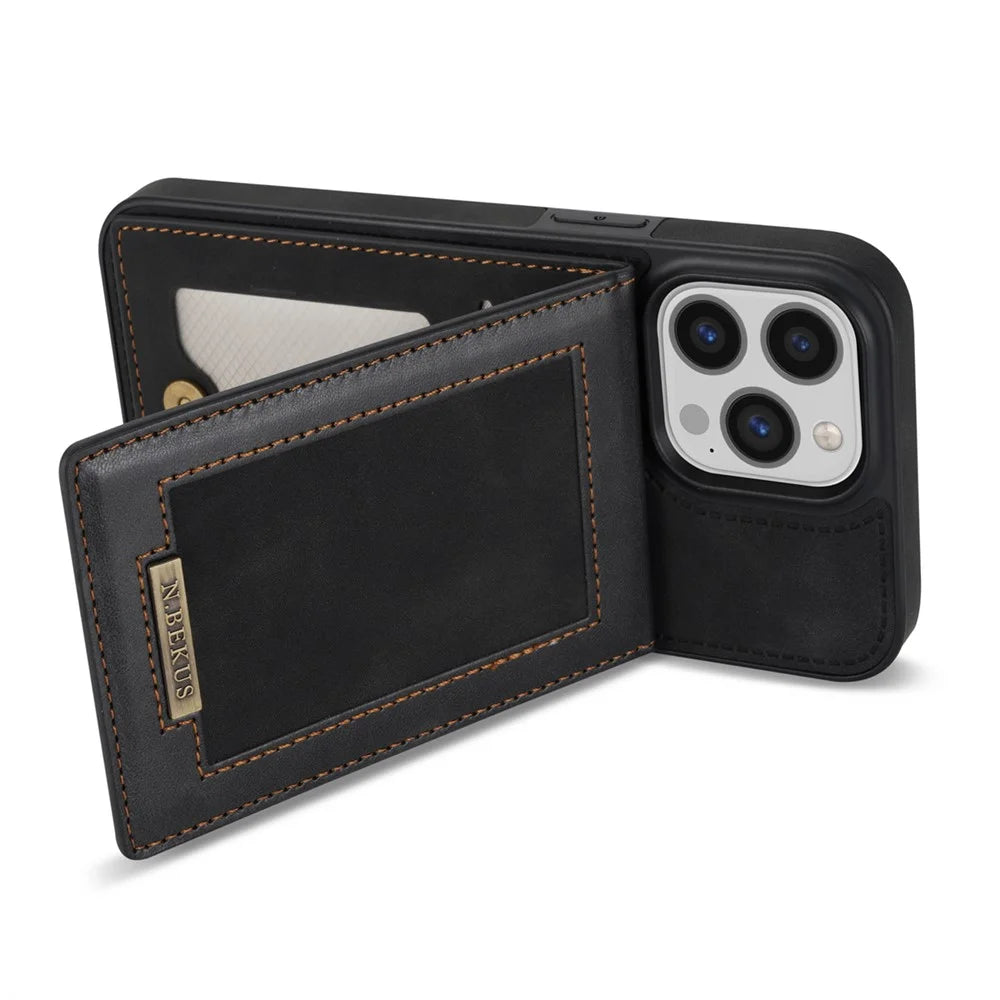 N.BEKUS For iPhone 16 Pro Kickstand Case RFID Blocking Leather+TPU Phone Cover with Card Slots - Black - 4