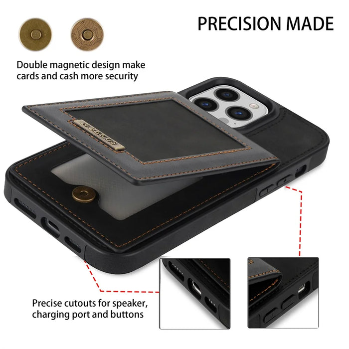 N.BEKUS For iPhone 16 Pro Kickstand Case RFID Blocking Leather+TPU Phone Cover with Card Slots - Black - 6