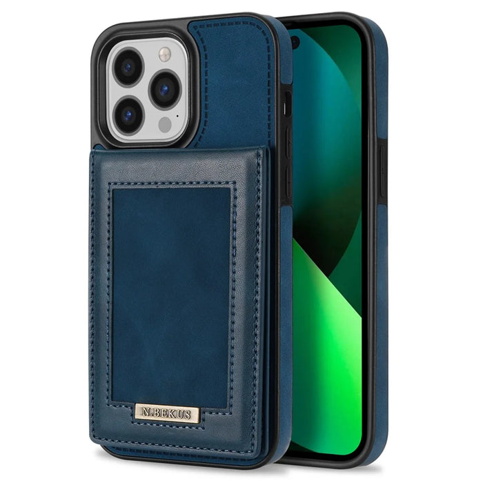 N.BEKUS For iPhone 16 Pro Max Card Slots Case RFID Blocking Leather+TPU Kickstand Phone Cover - Blue - 1