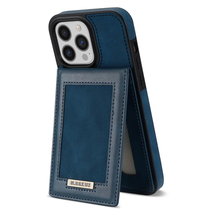 N.BEKUS For iPhone 16 Pro Max Card Slots Case RFID Blocking Leather+TPU Kickstand Phone Cover - Blue - 2