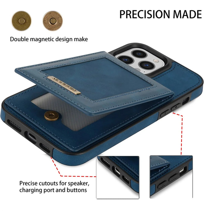 N.BEKUS For iPhone 16 Pro Max Card Slots Case RFID Blocking Leather+TPU Kickstand Phone Cover - Blue - 6