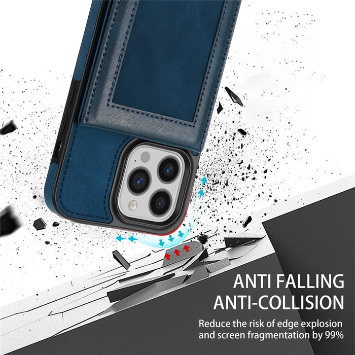 N.BEKUS For iPhone 16 Pro Max Card Slots Case RFID Blocking Leather+TPU Kickstand Phone Cover - Blue - 7