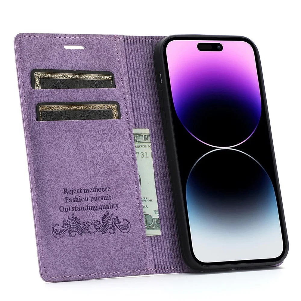 For iPhone 16 Pro Wallet Case Magnetic Closing Leather Phone Cover - Purple - 2