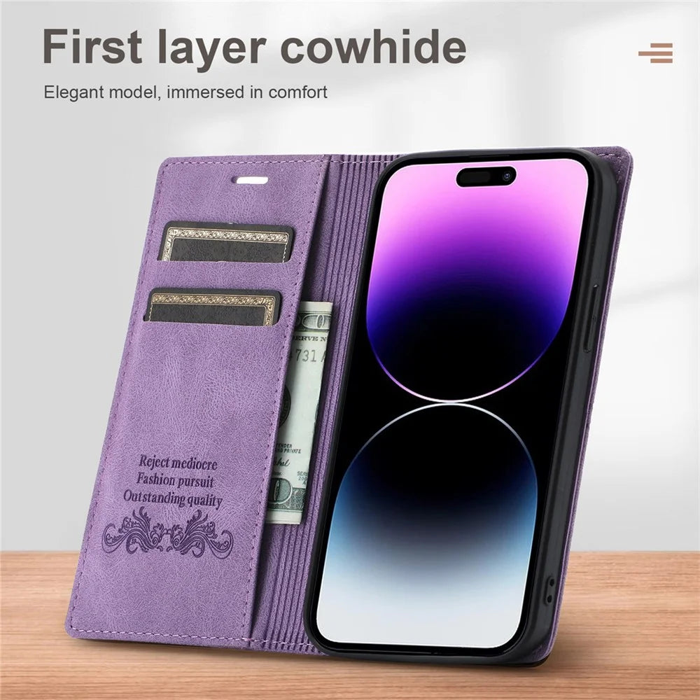 For iPhone 16 Pro Wallet Case Magnetic Closing Leather Phone Cover - Purple - 6