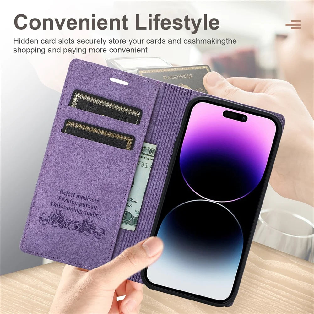 For iPhone 16 Pro Wallet Case Magnetic Closing Leather Phone Cover - Purple - 7