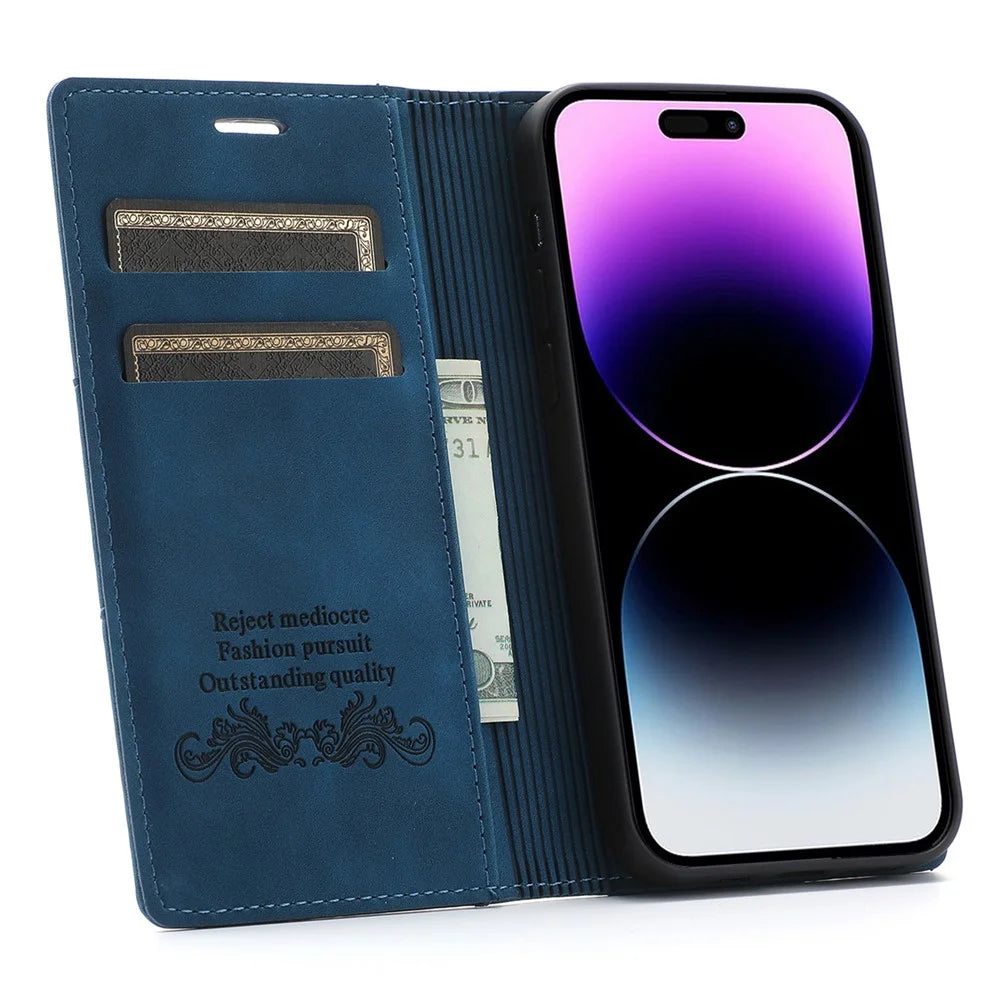 For iPhone 16 Pro Max Wallet Phone Case Magnetic Closing Leather Flip Cover - Blue - 2