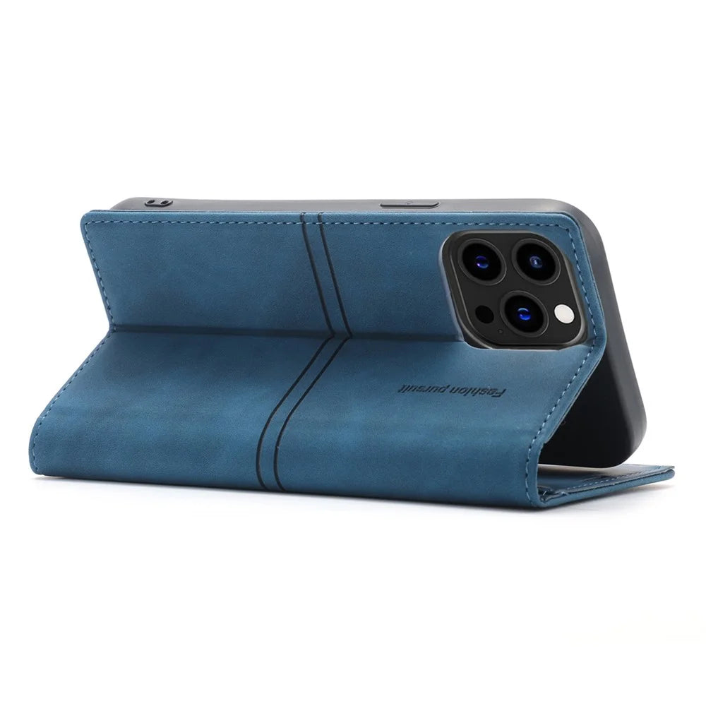 For iPhone 16 Pro Max Wallet Phone Case Magnetic Closing Leather Flip Cover - Blue - 4