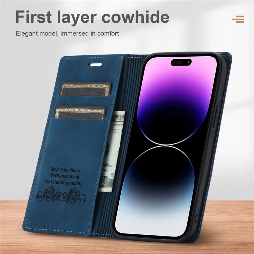For iPhone 16 Pro Max Wallet Phone Case Magnetic Closing Leather Flip Cover - Blue - 6