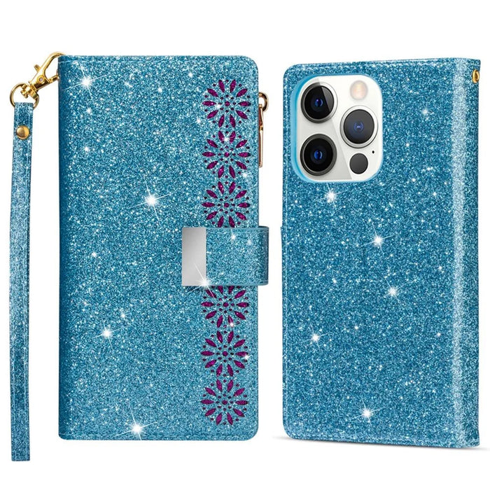 For iPhone 16 Pro Case Starry Sky Carving Leather Wallet Phone Cover - Blue - 1