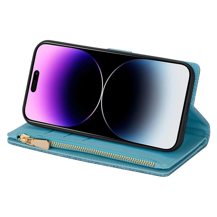 For iPhone 16 Pro Case Starry Sky Carving Leather Wallet Phone Cover - Blue - 4