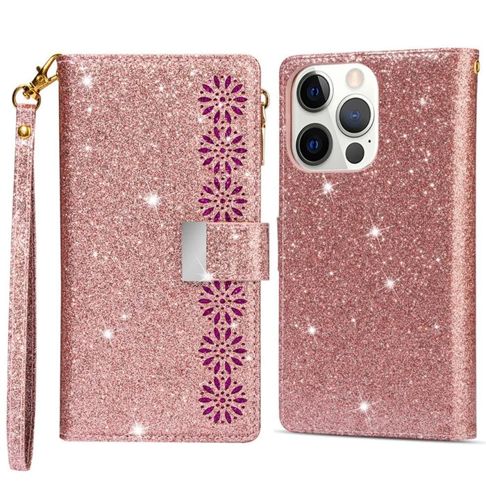 For iPhone 16 Pro Max Case Leather Wallet Phone Cover Starry Sky Carving - Rose Gold - 1