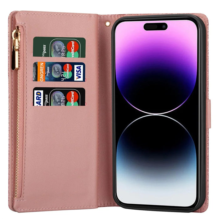 For iPhone 16 Pro Max Case Leather Wallet Phone Cover Starry Sky Carving - Rose Gold - 2