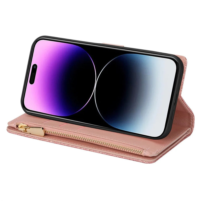 For iPhone 16 Pro Max Case Leather Wallet Phone Cover Starry Sky Carving - Rose Gold - 4