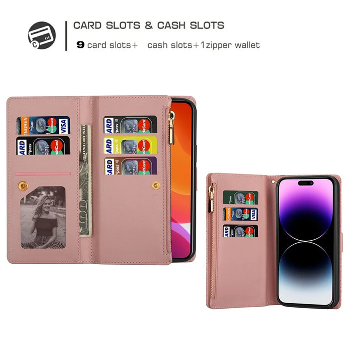 For iPhone 16 Pro Max Case Leather Wallet Phone Cover Starry Sky Carving - Rose Gold - 5