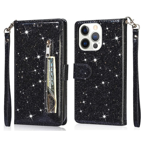 For iPhone 16 Pro Stand Case Glitter Phone Leather Cover Zipper Pocket - Black - 1