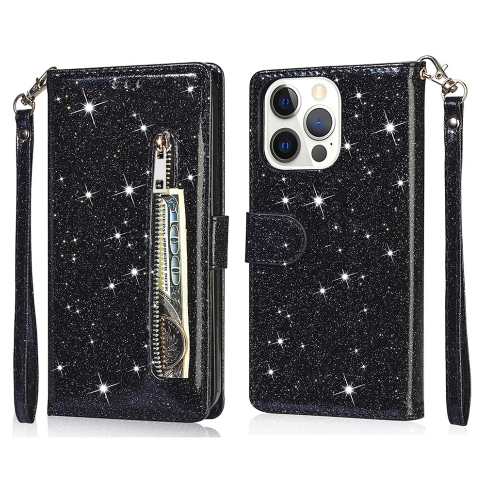 For iPhone 16 Pro Stand Case Glitter Phone Leather Cover Zipper Pocket - Black - 1