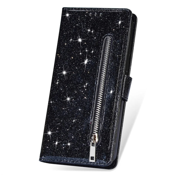 For iPhone 16 Pro Stand Case Glitter Phone Leather Cover Zipper Pocket - Black - 4