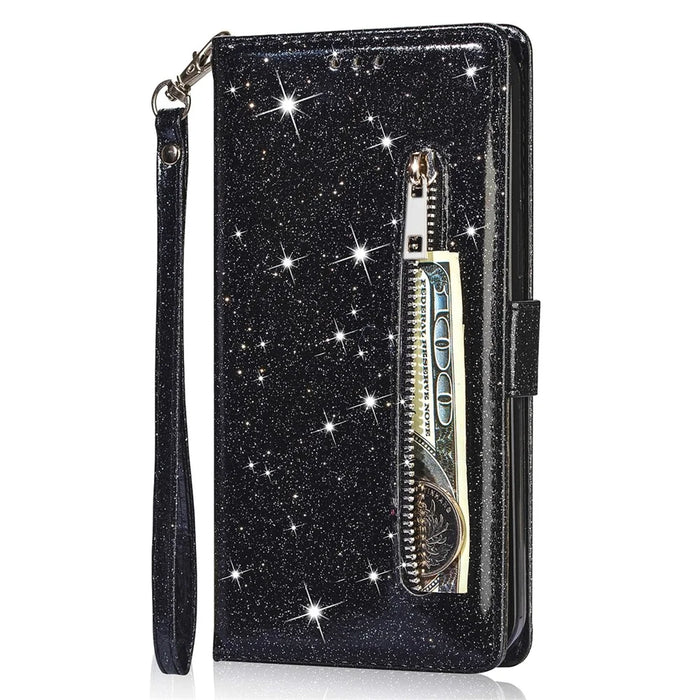 For iPhone 16 Pro Stand Case Glitter Phone Leather Cover Zipper Pocket - Black - 7