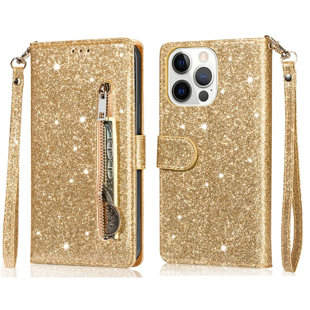 For iPhone 16 Pro Max Case Glitter Leather Stand Phone Cover Zipper Pocket - Gold - 1