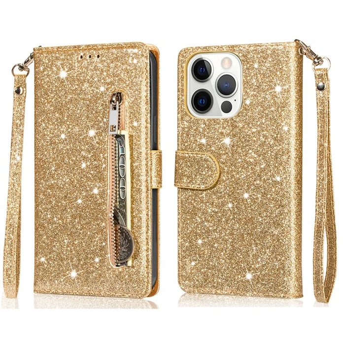 For iPhone 16 Pro Max Case Glitter Leather Stand Phone Cover Zipper Pocket - Gold - 1