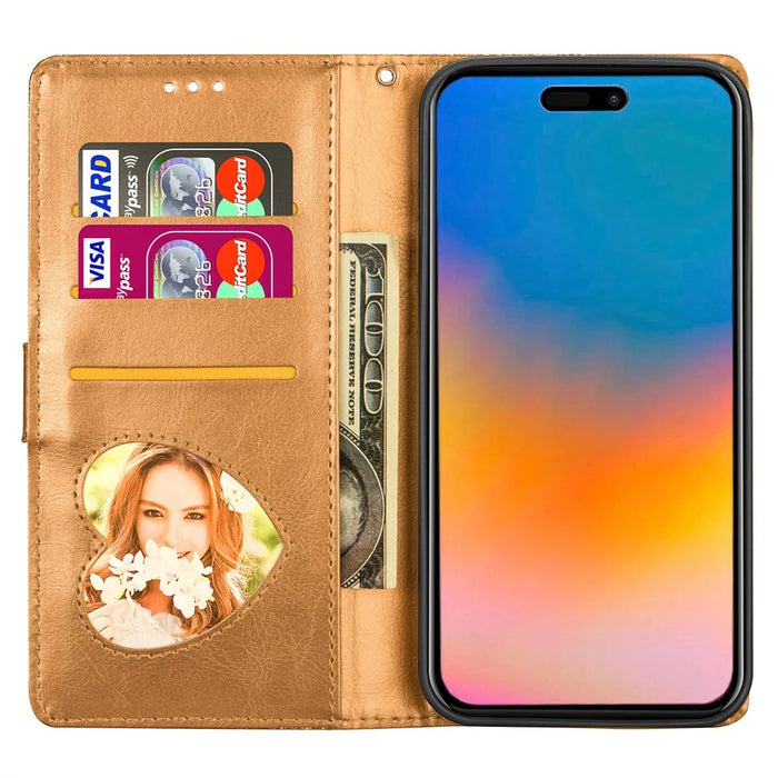 For iPhone 16 Pro Max Case Glitter Leather Stand Phone Cover Zipper Pocket - Gold - 2