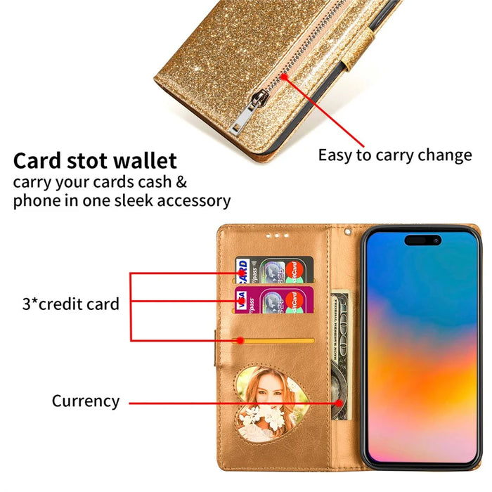 For iPhone 16 Pro Max Case Glitter Leather Stand Phone Cover Zipper Pocket - Gold - 4