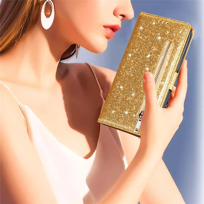 For iPhone 16 Pro Max Case Glitter Leather Stand Phone Cover Zipper Pocket - Gold - 5