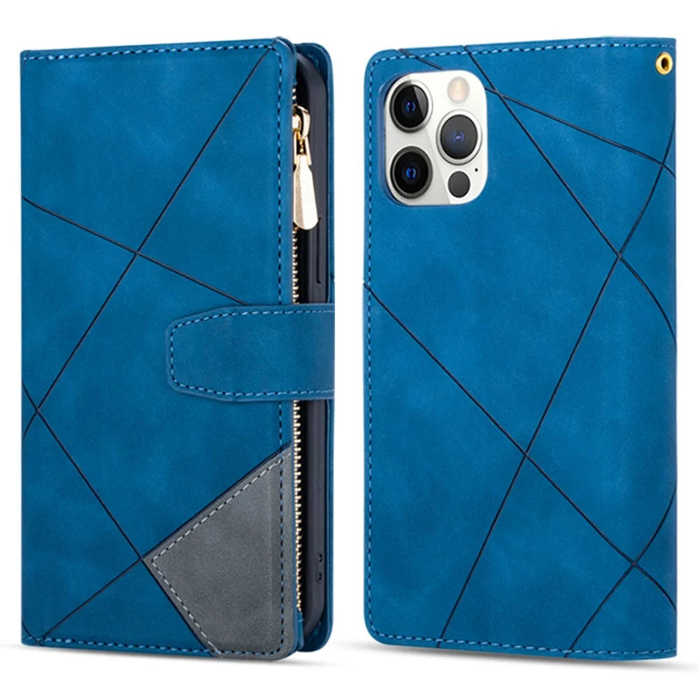 For iPhone 16 Pro Case Color Splicing Anti-Drop Leather Wallet Phone Cover - Blue - 1