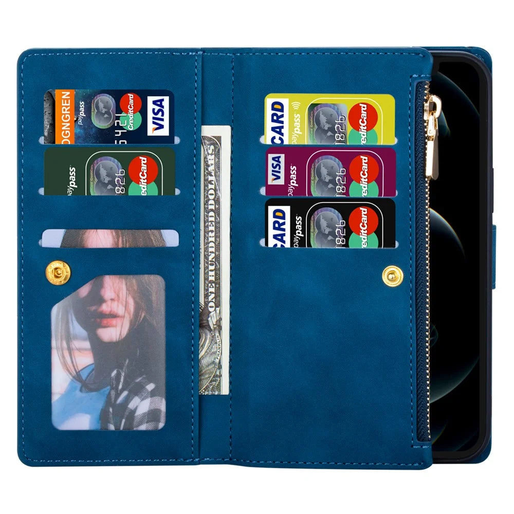 For iPhone 16 Pro Case Color Splicing Anti-Drop Leather Wallet Phone Cover - Blue - 5