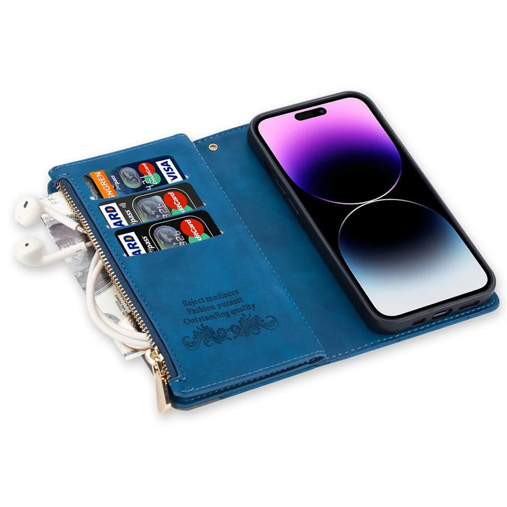 For iPhone 16 Pro Case Color Splicing Anti-Drop Leather Wallet Phone Cover - Blue - 6