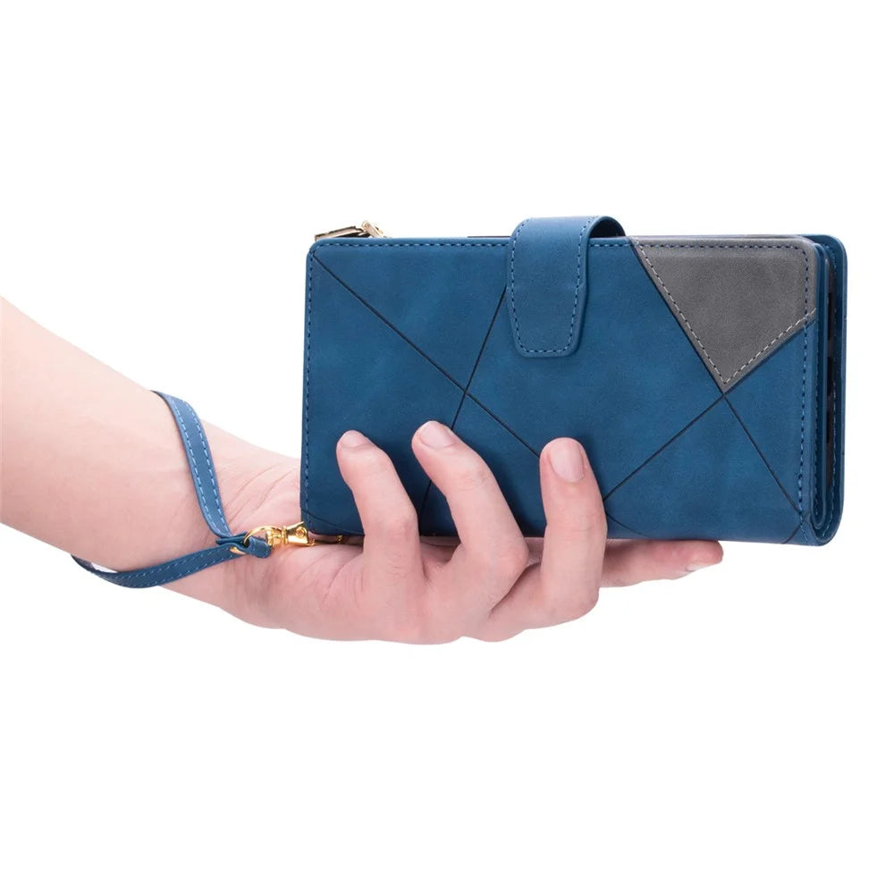 For iPhone 16 Pro Case Color Splicing Anti-Drop Leather Wallet Phone Cover - Blue - 7