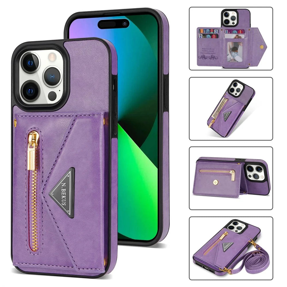 N.BEKUS For iPhone 16 Pro Max Leather Zipper Case Card Holder Phone Cover with Shoulder Strap - Purple - 1