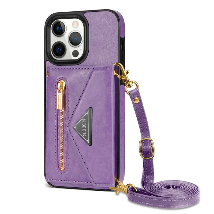 N.BEKUS For iPhone 16 Pro Max Leather Zipper Case Card Holder Phone Cover with Shoulder Strap - Purple - 2