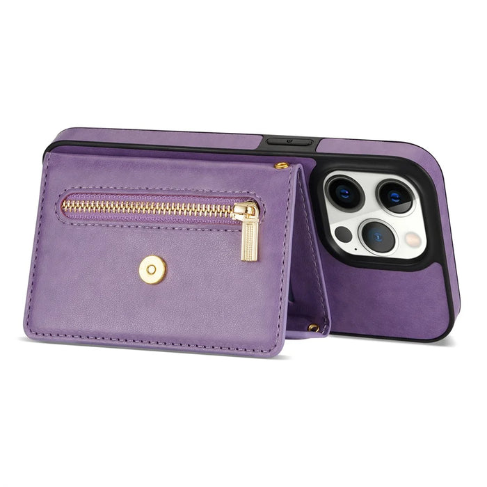 N.BEKUS For iPhone 16 Pro Max Leather Zipper Case Card Holder Phone Cover with Shoulder Strap - Purple - 4