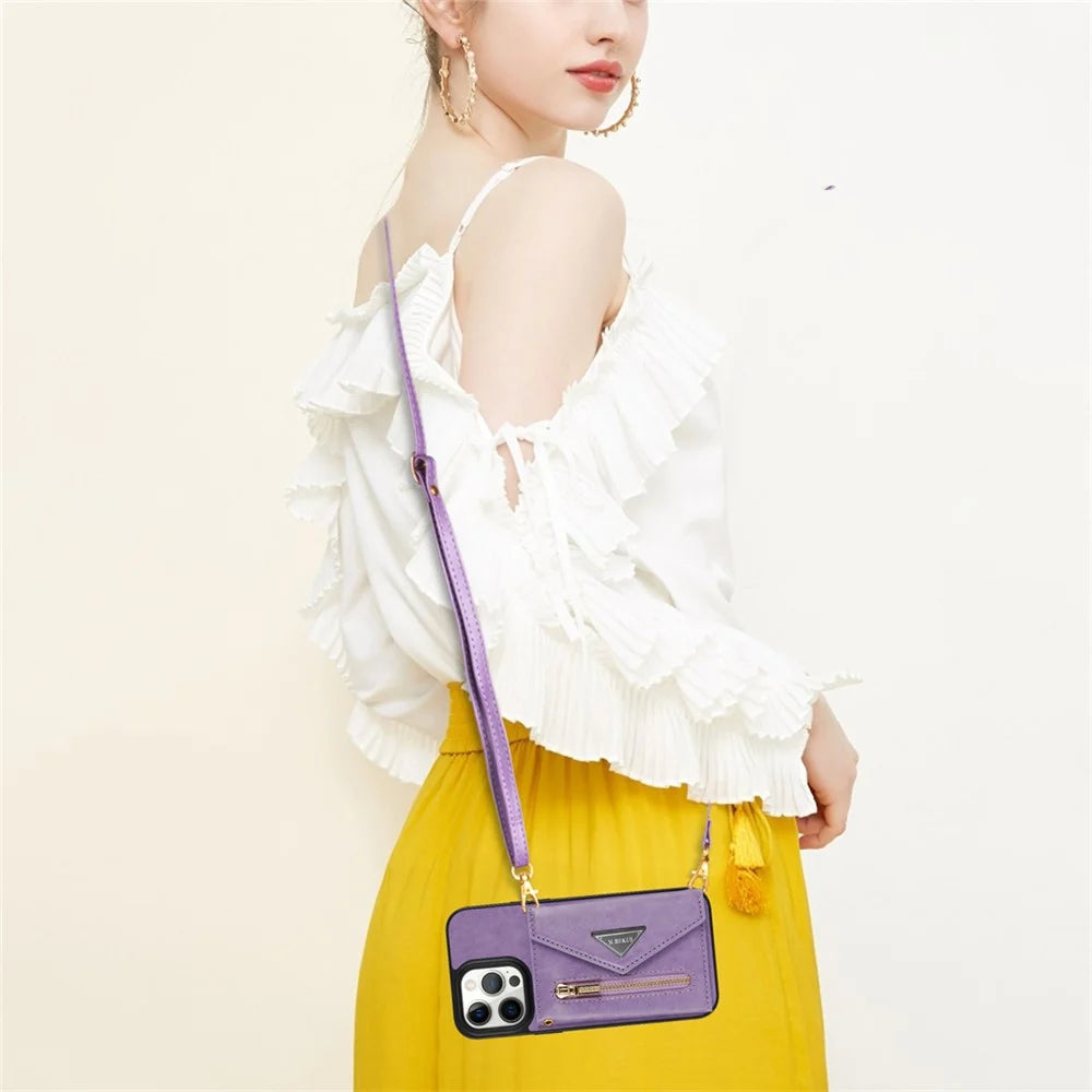 N.BEKUS For iPhone 16 Pro Max Leather Zipper Case Card Holder Phone Cover with Shoulder Strap - Purple - 5