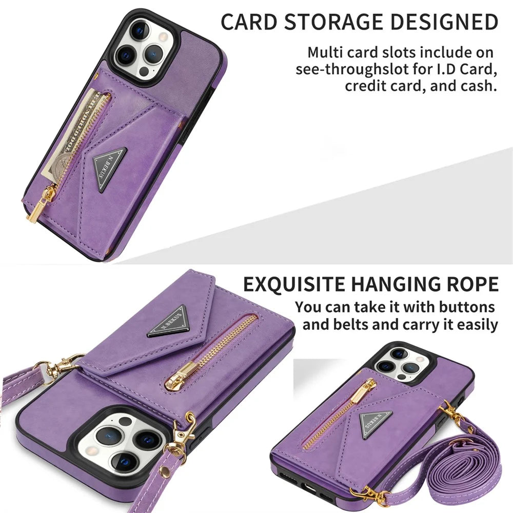 N.BEKUS For iPhone 16 Pro Max Leather Zipper Case Card Holder Phone Cover with Shoulder Strap - Purple - 6